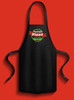 Aprons with pizzeria logos. Clothes for work in kitchen, protective element of clothing for cooking. Apron for cooking in kitchen and protection of clothes. Preparing pizza in restaurant. Aprons with pizzeria logos. Clothes for working and cooking in kitchen of pizza restaurant