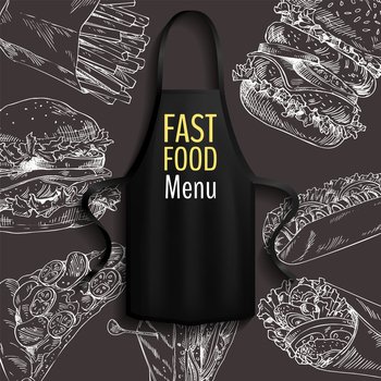 Restaurant menus near apron. Fastfood snack and bakery cooking. Cooking junf dishes in restaurant. Apron with fast food menu inscription. Apparel for cooking in kitchen and protection of clothes. Apron with fast food menu inscription. Fastfood snack and bakery cooking restaurant menus