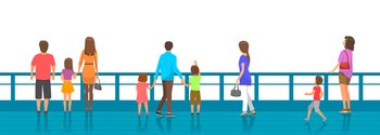Young people in casual clothes back view. Characters stand near fence looking into distance. Parents and children spend time outdoors together. Family weekend getaway, walk, watching something. Characters stand near fence looking into distance. Parents and children spend time outdoors