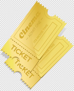 Two retro cinema tickets. Yellow ticket entry admission vector illustration on white background. Permission to enter on performance, paper invitation coupon in flat style, cardboard entertainment sign. Two retro cinema tickets. Yellow ticket entry admission. Permission to enter on performance