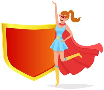 Superwoman smiling, waving hand and has superpowers. Cartoon character in superhero costume with cloak, mask and emblem stands on white background. Strong person protects people from villains. Superwoman smiling, waving hand and has superpowers. Cartoon slender character in superhero costume