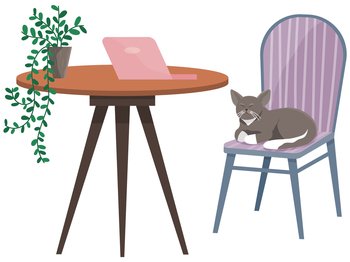 Table with laptop and cat on chair in interior of workplace. Modern workplace with furniture and kitten sitting on chair. Arrangement of furniture at place for working with technology at home. Table with laptop and cat sitting on chair in interior of workplace. Place for working with computer
