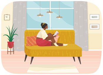 Girl sits at home and reads. Woman with book in her hands spending time in apartment. Female character is reading and resting after work. Sits on couch and studies book. Leisure, pastime at home. Girl sits at home and reads. Woman with book in her hands spending time in apartment, resting