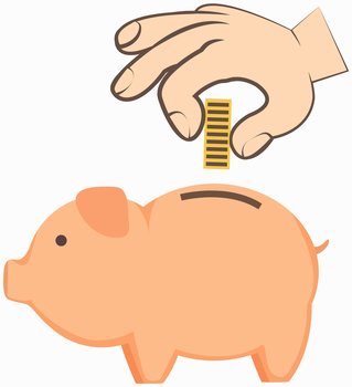 Human hand puts coins in piggy bank isolated on white icon. Money donation, charity, investment. Profit, income, salary increase. Hand holding gold dollar. Pig shaped money storage container. Human hand puts coins in piggy bank isolated on white icon. Money donation, charity, investment