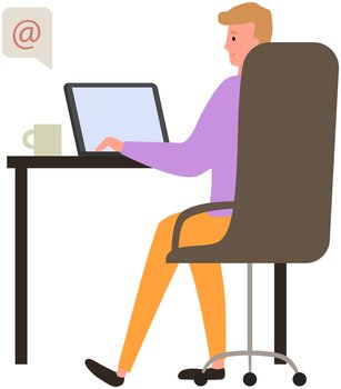 Chatting, sending messages, surfing Internet. Man sitting at workplace is using laptop to chat. Social networking, online communication. Guy spends time at laptop with social media, meeting website. Man sitting at workplace is using laptop for social networking, meeting website, surfing Internet