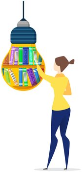 Woman chooses book from light bulb shaped bookshelf. Literature for reading, education concept. Lady takes book, looks at light bulb idea symbol. Paper edition, reading literature vector illustration. Literature for reading, education concept. Lady takes book, looks at light bulb idea symbol