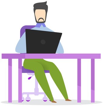 Entrepreneur in business suit working at computer. Bearded man sitting with laptop surfing internet. Manager uses modern technology for work at desktop, table. Clerk, office worker at workplace. Manager uses modern technology for work at desktop, surfing internet. Entrepreneur works at computer