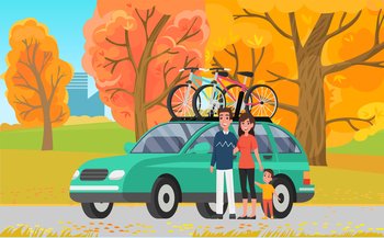 Young family, father, mother and child stand by hand near personal transport. Man, woman and boy standing together. Mom, dad, parents and their son near car for traveling and transporting bicycles. Young family, father, mother and their child near car for traveling and transporting bicycles
