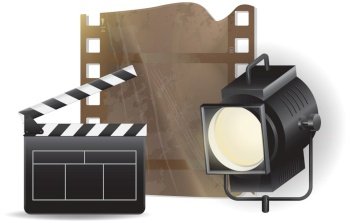 Set icons cinematography cinema and movie vector illustration isolated on white background. Movie spotlight, camera and film clapper board, film strip. Film production equipment for shooting. Set icons cinematography cinema and movie. Film production equipment for shooting, film industry