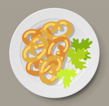Pretzel on plate top view. Beer snack on dish. Food for oktoberfest celebration in germany. Dish for restaurant, dishware with food. Salted dough product on plate. German snack, pretzel meal. Pretzel on plate top view. Beer snack on dish. Food for oktoberfest celebration in germany