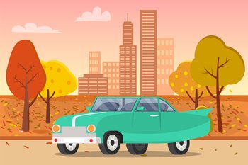 Green retro car for driving on road. Transport for traveling and city trips. Flat automobile with background vector. Modern car design transport and equipment , vehicle sedan side view. Green retro car for driving on road. Transport for traveling and city trips, vehicle sedan side view