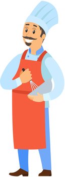 Male pastry chef holding bowl and whisk. Smiling man in apron preparing dessert. Confectioner whips cream or dough for dish. Chef works with kitchen equipment to prepare sweet food, dessert. Pastry chef holding bowl and whisk. Confectioner in apron prepares dessert, whips cream or dough