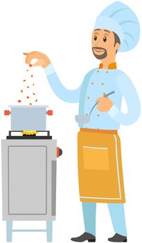 Professional chef stands with spoon and soup pot on stove. Man preparing dish, adding spice to meal. Chef works with kitchen equipment to prepare food. Male character adds ingredients to hot dish. Man preparing dish, adding spice to meal. Chef works with kitchen equipment, ingredients for food