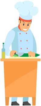 Professional chef stands with cutting board and knife. Man prepares dish, cuts cucumber, vegetable for salad. Chef works with kitchen equipment to prepare food. Cook cuts ingredients to healthy meal. Man with knife preparing cucumber, vegetable for salad. Cook cuts ingredients to healthy meal