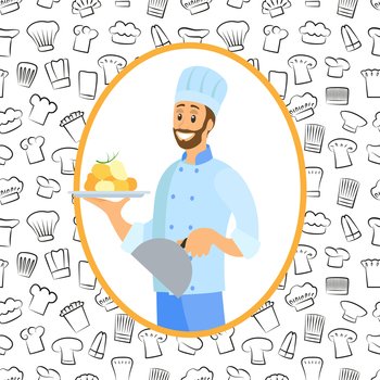 Man holds plate with ready-made meal and lid. Restaurant service, breakfast or dinner dishes on tray vector illustration. Design for restaurant. Kitchener serves dish from chef, food at cafe. Man holds plate with ready-made meal and lid. Kitchener serves dish from chef, food at cafe