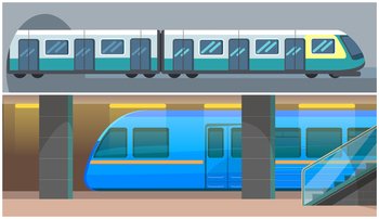 High speed transport leaving tunnel to metro. Public transport, train for transporting metro passengers. Train of subway with automatic doors. Modern tramway at underground station platform. Transport leaving tunnel to metro. Train for transporting passengers at underground station platform