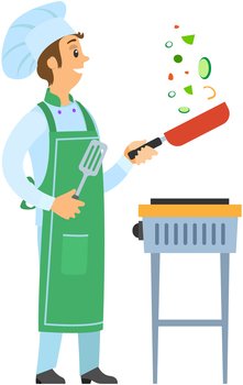 Professional chef stands with spatula and frying pan in hand. Man prepares dish, mixes products for meal. Chef works with kitchen equipment to prepare food. Male character fries ingredients of dish. Chef stands with spatula and frying pan in hand. Man prepares dish, fries ingredients of meal