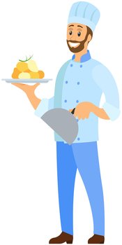 Man holds plate with ready-made meal and lid. Restaurant service, breakfast or dinner dishes on tray vector illustration. Design for restaurant. Kitchener serves dish from chef, food at cafe. Man holds plate with ready-made meal and lid. Kitchener serves dish from chef, food at cafe