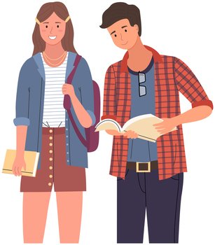 Happy school pupils or college students standing with books. Portrait of smiling people with backpacks. Diverse college, university students, schoolgirl and schoolboy with notebook and laptop studying. Diverse college, university students, schoolgirl and schoolboy with notebook and laptop studying