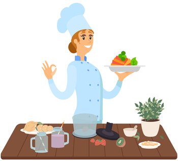 Woman holds plate with ready-made meal. Restaurant service, breakfast or dinner dish vector illustration. Design for restaurant menu. Female kitchener serves dish from chef, healthy food at cafe. Female kitchener serves dish from chef, healthy food at cafe. Woman holds plate with ready-made meal