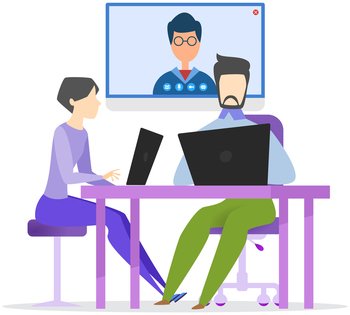 People communicate by online video call, conference, meeting. Communication, discussion of business development with colleagues online. Employees with laptops have video meeting via Internet. Employees with laptops have video meeting with colleague, online business conference via Internet
