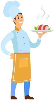 Man holds plate with ready-made meal. Restaurant service, breakfast or dinner dish vector illustration. Kitchener serving dish from chef, food at cafe. Male character with hot meat on plate. Kitchener serving dish, food at cafe. Male chef holding plate with hot meat, ready-made meal