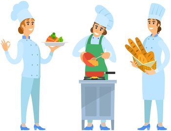 People preparing dish, meal. Chefs work with kitchen equipment to prepare food. Male characters fry with pan, cut vegetables, mix, add ingredients of dish. Set of chefs creating restaurant meal. Set of chefs creating restaurant meal. People fry with pan, cut vegetables, add ingredients to dish