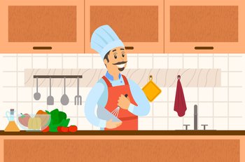 Male pastry chef holding bowl and whisk. Smiling man in apron preparing dessert near food, products icons. Confectioner whips ingredients for dish. Chef works with kitchen equipment to prepare food. Man in apron preparing dish near food, products icons. Chef works with kitchen equipment to cook