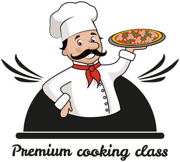 Culinary logo for company and restaurant. Premium cooking class design elements. Kitchen emblem, food studio label. Italian cuisine lessons concept. Culinary school badge with pizza maker holding dish. Culinary school badge with pizza maker holding dish. Premium cooking class, italian cuisine lessons
