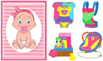 Multinational children, kids playing, baby care objects, newborn items supplies, set of icons. Toys, clothes, devices for transporting, bathing of babies. Babies in diapers crawling, smiling. Multinational children, kids playing, baby care objects, newborn items supplies, set of icons