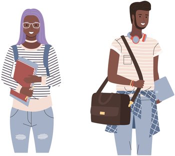 Black-skinned school pupils or college students standing with books. Portrait of smiling people with backpacks. Diverse college, university students, couple from africa with notebooks studying. Black-skinned school pupils or college students standing with books. Multicultural couple studying