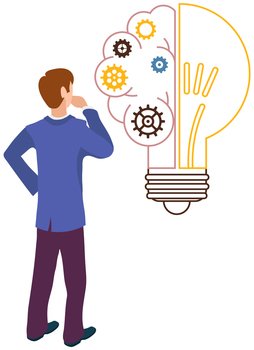 Concept of great idea. Man has good notion. Solution of problem, creative thinking, new startup. Idea generation, imagination, creativity, solution. Thinking businessman and lightbulb, inspiration. Concept of great idea. Man has good notion. Solution of problem, creative thinking, new startup