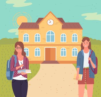 Happy school pupils or college students standing on background of university with books. Portrait of smiling people with backpacks. Diverse college, female students, multicultural women studying. Multicultural school pupils or college students standing on background of university with books