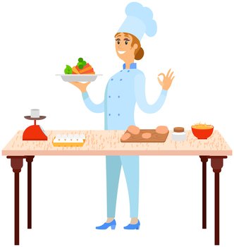 Woman holds plate with vegetable meal. Female kitchener serves dish from chef, fresh food at cafe. Chef holding vegetables on plate. Vegetarian dish cooking process and ingredients on table. Vegetarian dish cooking process and ingredients on table. Chef holding vegan meal on plate