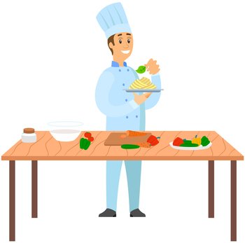 Best chef logo Man holds plate with ready-made meal. Restaurant service, breakfast or dinner dish. Design for Italian restaurant. Chef standing with plate of pasta, dish of italian cuisine in cafe. Chef standing with plate of pasta, dish of italian cuisine in cafe. Man holds ready-made meal