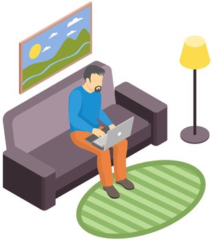 Man in casual outfit sitting at home on comfortable couch and browsing or working on laptop at his laps. Freelance, online education or social media concept. Male student receives distance education. Man in casual outfit sitting at home on comfortable couch, browsing or working on laptop at his laps