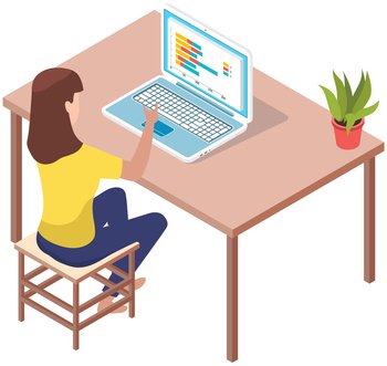 Woman studies statistics on screen. Female character while working or studying with computer. Girl working and analyzing financial statistics. Female marketer examines information about metrics. Woman studies statistics on screen. Female character while working or studying with computer