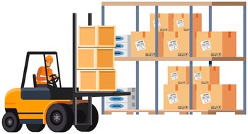 Forklift truck with pallet and boxes. Man works with delivery of goods, transportation in production. Employee drives freight vehicle to lift load. Driver working on forklift truck delivery. Man works with delivery of goods, transportation in production. Employee drives forklift truck