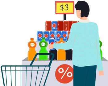 Person with shopping trolley chooses food at grocery store, supermarket. Shopping, customer in mall, retail shop concept. Cartoon character looking at fizzy drinks, lemonades in foodstuff store. Person looking at fizzy drinks, lemonades in foodstuff store. Shopping in supermarket concept