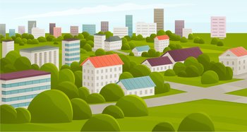Landscape with nature and architecture. City street with houses and greenery. Area, district with residential building and green spaces. Multi-apartment buildings of different heights in town. Multi-apartment buildings of different heights in town. Landscape with nature and architecture