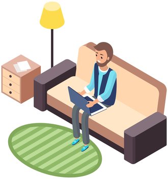 Man in casual outfit sitting at home on comfortable couch and browsing or working on laptop at his laps. Flat style isometric vector illustration. Freelance, online education or social media concept. Man in casual outfit sitting at home on comfortable couch, browsing or working on laptop at his laps