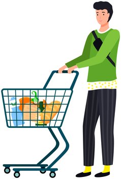 Young man pushing shopping cart full of groceries vector illustration. Guy with food cart makes purchases, buys goods in supermarket. Male character with grocery trolley shopping in modern store. Guy with food cart makes purchases, buys goods in supermarket. Man with grocery trolley shopping