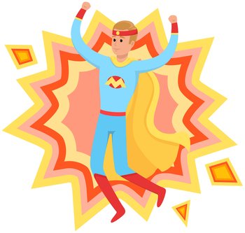 Male character wearing super hero cape, carnival costume for holidays or celebration. Super hero man, super male powerful personage with strength, action play or imagination with bomb sticker. Male character wearing supermale cape, carnival costume for holidays or celebration. Super hero