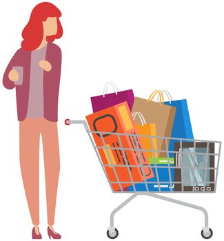 Cheerful shopaholic young woman with trolley full of purchases and gifts. Happy girl with packages. Buyer has fun doing shopping. Seasonal sale, consumer standing with a lot of shopping bags. Cheerful shopaholic young woman with trolley full of purchases and gifts. Happy girl with packages