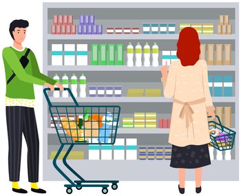 Supermarket, grocery store with food on shelves. Sale, discounts in food store. Shop in mall for selling groceries. People make purchases, choose goods, buy products in supermarket vector illustration. People make purchases, choose goods, buy products in supermarket, grocery store, shop with food