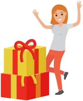 Happy woman dancing near stack of birthday gifts in wrapped boxes. Young smiling person recoices in giftboxes. Girl standing with presents. Female character raises his hands in happiness on holiday. Happy woman dancing near stack of birthday gifts in wrapped boxes. Girl standing with presents