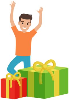 Happy man dancing near stack of birthday gifts in wrapped boxes. Young smiling person recoices in giftboxes. Guy standing with presents. Male character raises his hands in happiness on holiday. Happy man dancing near stack of birthday gifts in wrapped boxes. Guy standing with presents