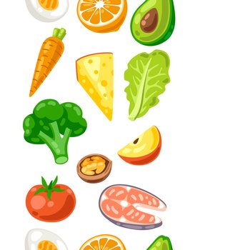 Seamless pattern with healthy eating and diet meal. Fruits, vegetables and proteins for proper nutrition. Production and cooking of food.. Seamless pattern with healthy eating and diet meal. Fruits, vegetables and proteins for proper nutrition.