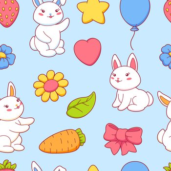 Seamless pattern with cute kawaii little bunnies. Funny cheerful characters and decorations in cartoon style.. Seamless pattern with cute kawaii little bunnies. Funny characters and decorations in cartoon style.