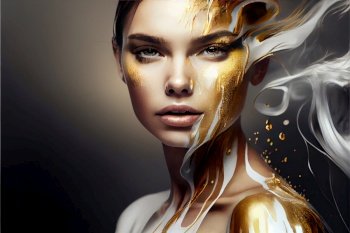 Beauty shot of beautiful caucasian woman with liquid gold make up, illustration with copy space. Beauty shot with liquid gold